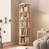 Muwuele Solid Wood Rotating Bookshelf on Wheels, 5 Tier, Round Revolving Bookcase, 360Β° Spinning Book Shelf Tower for Kids, Narrow Rolling Bookshelves for Small Space, Corner, Bedroom, Office, Natural