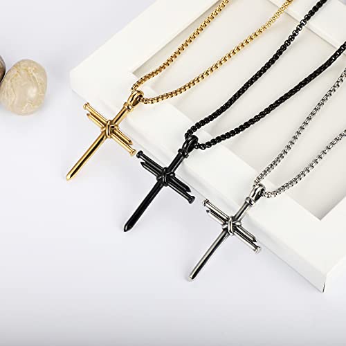 Nail Cross Necklace for Men Stainless Steel Chain 24inch 3 Nails Jesus Cross Pendant Christian Gifts for Dad 3 Colors3