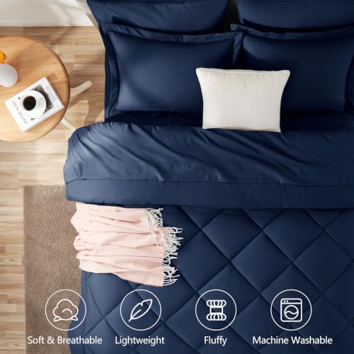 Image of CozyLux Queen Comforter Set Navy Blue - Bed in a Bag Queen Size 7 Pieces, Luxury Soft Bed Set for All Seasons, Bedding Set with Down Alternative Comforter, Sheets, Pillowcases & Shams