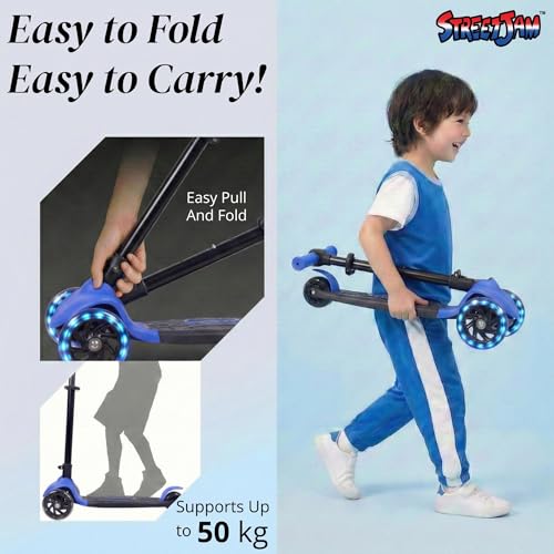 Image of STREETJAM Zoltra LED Wheel Kids Kick Scooter 3-12 Years, LED Light Wheels, BIS Approved, Lean-to-Steer Control, Extra Wide Deck, Vibrant Two-Tone Design, Up to 50 kg Load (Royal Blue with Black)
