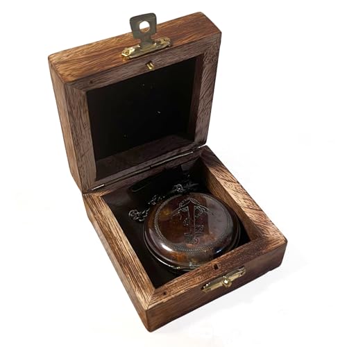 Brújula de bolsillo vintage de latón con cadena en caja de presentación de madera miniatura 1