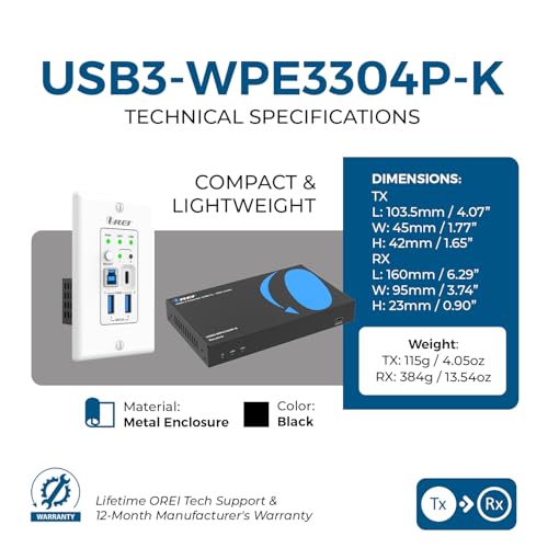 Image of OREI USB 3.2 Wall Plate Over Ethernet HDbaseT Cat6 Extender LAN Upto 330 Feet - Extends USB-C /USB-B Signal Over Ethernet - Power Over Cable | HDMI Over Ethernet with Host Extension, USB Over CAT6 - 5Gbps, Auto /Manual Host Switching, Plug & Play
