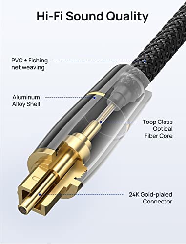 JSAUX Digital Optical Audio Toslink Cable 6FT, [24K Gold-Plated, Ultra-Durable] Fiber Optic Cable Male to Male Cord Compatible with Sound Bar, TV, PS4, Xbox, Home Theater, Samsung…
