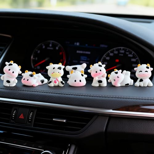 KAKUPPA 7 PCS Mini Cow Car Accessories, Cow Print Dashboard Decorations and Rear View Mirror Ornaments, Cute Cows Print CarI nterior Accessories Decor for Women Men and Girls