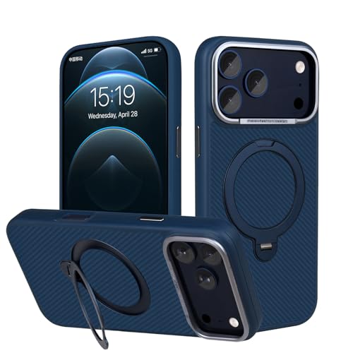 YOVIAKK for iPhone 17 Pro Case with 360° Magnetic Stand, Carbon Fiber Phone Case [Compatible with Magsafe],Slim Thin Smooth TPU+PC Bumper with Drop Protection Women Men Cases Cover （Blue）