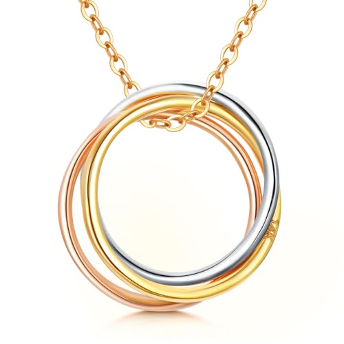 14K Gold Three Circle Necklace for Women 14KT Real Gold Generation Necklace Family Cirlcles Necklaces Tri Color Pendant Birthday Anniversary Christmas Jewelry Gifts for Wife Mom Her Women Daughter
