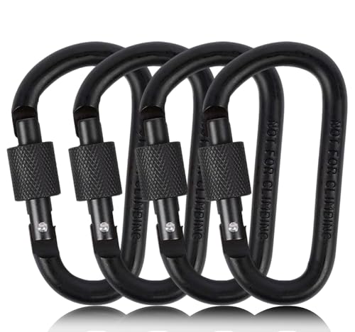 4PCS Aluminum Alloy D-Ring Locking Carabiner Key Chain Clip Hook, Heavy Duty Stainless Steel, Small Carabiner Snap Hooks Keychain Clips for Outdoor, Camping, Hiking, Hooks for Lifting Aids(Black)