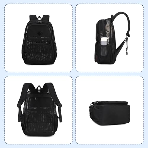QIXIHU Mesh Backpack for Girls Boys Kids, Heavy Duty Mesh Bookbag, Net Backpack See Through for School,Beach,Swimming,Work,Travel (Black)
