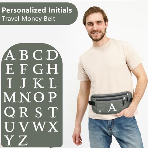 Image of Travel Money Belt, Personalized Initials Passport Holder with Anti Theft RFID Protection, Slim Travel Wallet for Women & Men, Travel Fanny Pack for Travel Essentials-Letter M, Army Green