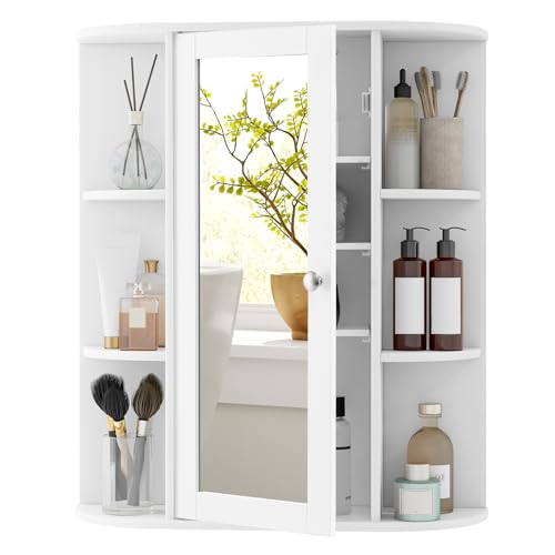 GIANTEX Armario de Baño de Pared, Armario Colgante con 6 Compartimentos Abiertos, Puerta con Espejo y Estante Ajustable, 60 x 16,5 x 71 cm, Gabinete de Pared para Entrada, Baño (Blanco)
