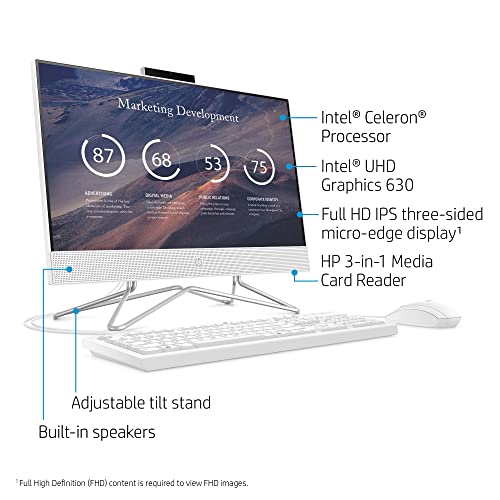 Image of HP 2022 All-in-One Desktop, 21.5 inch FHD Display, Intel Celeron G5905T, 8GB RAM, 256GB PCIe SSD, Webcam, WiFi, HDMI, RJ-45, Wired Keyboard&Mouse, DVD-RW, Windows 11 Home, White
