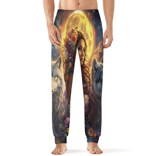 Woman With Wolf Men's Pajamas Pants Lightweight Sleep Lounge Pant Pjs Bottoms Casual Sleepwear