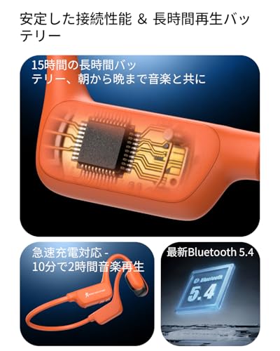 Jutaruoo 骨伝導イヤホン 【驚異の15時間再生】 Bluetooth 5.4+EDR搭載 スポーツヘッドホン オープンイヤー 12x17mm大口径ドライバー 28g極軽量設計 IPX6防水 AAC/ENC通話ノイズリダクション Type-C急速充電 技適認証済 ランニング/サイクリング/テレワーク/通勤 通学 (Orange) 商品画像7