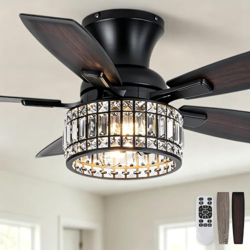 Image of 42 Inch Flush Mount Crystal Ceiling Fan with Lights and Remote