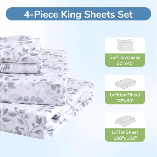 Image of MUXHOMO King Size 4 Piece Sheet Set, Soft Breathable Bed Sheet Set for Bedroom with Deep Pocket Up to 16 inch, Wrinkle-Free & Cooling Bedding for Oeko-TEX Certified - Grey Leaves