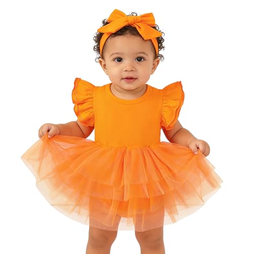 Image of Baby Girl Clothes Infant Ruffle Sleeve Romper Dress Newborn Solid Tutu Skirt Sets Jumpsuit Headband Outfit