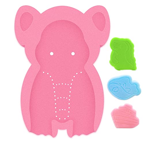 Soft Infant Bath Sponge Elephant Baby Bath Mat Newborn Comfy Foam Skid-Proof Cushion (Pink 1Set)