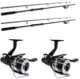 2 X CARP STALKER FISHING RODS 10FT 3PC AND 2 OAKWOOD B,T,R FISHING REELS + LINE