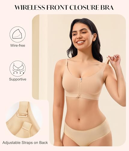 CYDREAM Womens Zip Front Closure Bra Wireless Seamless Comfort Full Coverage Back Smoothing No Underwire Bralettes2
