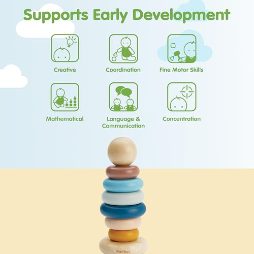 Image of PlanToys Stacking Ring Wooden Montessori Fine Motor and Early Learning Toy in Orchard Shade | Early Coordination and Colour Sorting Activity | Eco Friendly Stacking Ring Set for Meaningful Play
