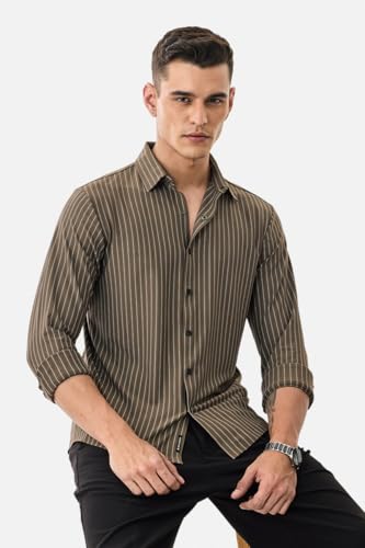 Image of SNITCH Men Casual Plus Size Shirt | Regular Fit Full Sleeve Mandarin Collar Striped Design | Premium Cotton Linen Blend & Breathable Fabric for Office & Everyday Wear