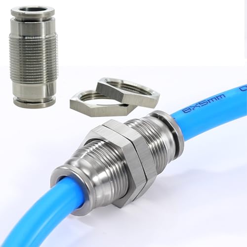 Image of 2Pcs 304 Stainless Steel Bulkhead Union 1 /4 inch x 1 /4 inch Tube OD Push to Connect Tube Fitting, PMM-1 /4 Pneumatic Quick Connect Air Fitting | 304 Stainless Steel,1 /4 inch Airline Bulkhead, Suitable for Home Garage Air Brake Air Compressor