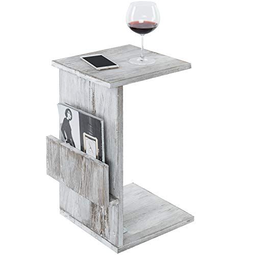 MyGift Rustic Torched White Wood Sofa Side Table with Magazine Holder Rack