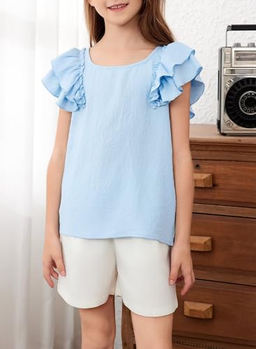 Girls Shirts Summer Cute Double Ruffle Short Sleeve Tie Back Bow Tee Tops 6-15 Years2