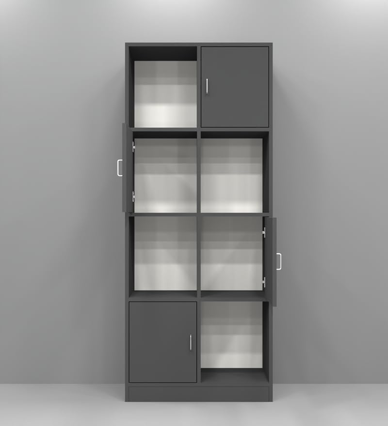 Image of SPECIALITY PANELS 8 Cube Bookshelf with 4 Shutters, Grey, 73x35x176 cm, Free Standing Storage Unit with Carpenter Assembly