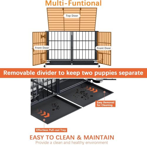 Hundekäfig, Hundebox mit Bodenschale, Hundekäfig mit Trennwand, Hundegitterbox mit 2 Türen und Tablett, 2 in 1 Doppelbox Hundegitterbox für Große und mittlere Hunde, 120 x 73 x 68 cm, Schwarz