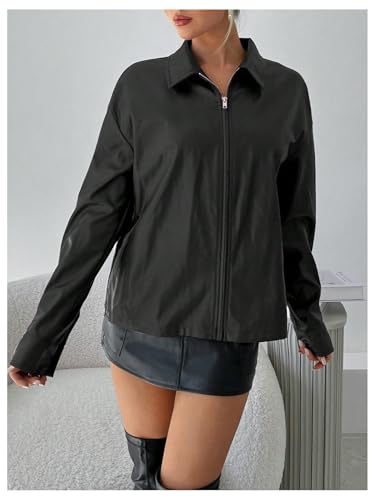 Verdusa Women's PU Leather Jacket Zip Up Long Sleeve Collared Bomber Coats Outwear4