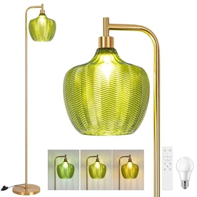 JERANDO Gold Floor Lamp for Living Room, Modern Standing Lamp with Remote, 3CCT Dimmable Stained Glass Tall Lamp with Green Lampshade, Mid Century Vintage Floor Lamps for Bedroom, Study Room (Green)