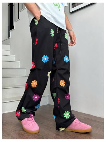Men's Floral Parachute Pants Ruched Y2K Drawstring Waist Wide Leg Streetwear Pants3