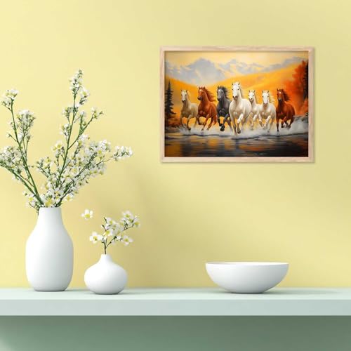 Image of HOTHOUSE Seven Running Vastu Lucky Horse Rising Sun Painting Wall Decor | 7 Horses Vastu Frame Wall Art Painting for Living Room Bedroom Office Home Decor Size (19X25 inch)