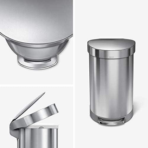 simplehuman CW2030 45L Semi-Round Kitchen Pedal Bin, Silent Soft Close Lid, Strong Wide Pedal, Fingerprint-Proof, Large Capacity, Brushed Stainless Steel, W 40.0cm x H 67.0cm x D 36.0cm