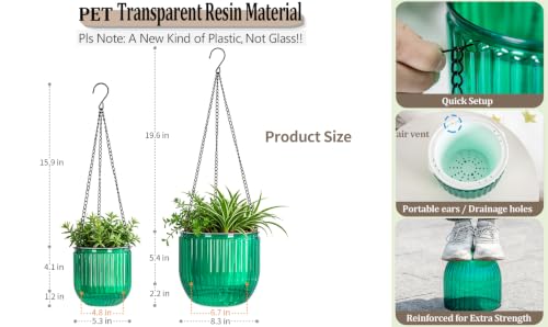 Melphoe Self Watering Hanging Planters Indoor Flower Pots, (6.5’’+6.5’’+5.3''+5.3'' 4Pack) - Outdoor Hanging Plant Pot Basket, Plant Hanger with 3Hooks Drainage Holes for Garden Home (Emerald) by Melphoe - Image 6