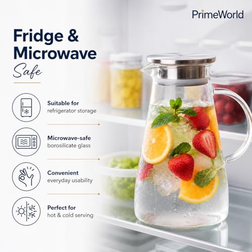 Image of PrimeWorld 1 pc 1.8 Litre Borosilicate Glass jug with Lid Stainless Stell Air Tight Water Pitchers with Handle for Fridge,Carafe for Hot /Cold Drink,Iced Tea, Coffee,Juice,Milk,Beverage-Microwave Safe
