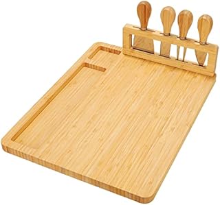Bamboo Cheese Board Set, Charcuterie Platter and Serving Meat Board Including 4 Stainless Steel Knife and Serving Utensils, Unique Gifts for Christmas Wedding Birthday Anniversary(14'x11')