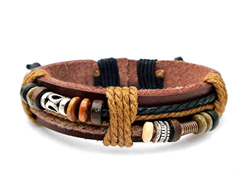 Agathe creation - Bracelet tibetain porte bonheur - Cuir, chanvre et perles - Marron Fait main