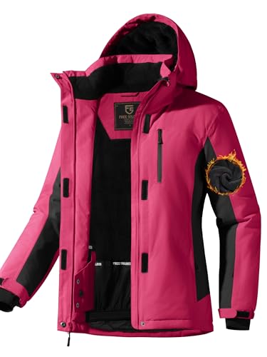 FREE SOLDIER Women's Waterproof Ski Snow Jacket Fleece Lined Warm Winter Rain Jacket with Hood Fully Taped Seams(Rose Red,S)