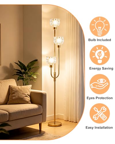 Image of 3-Lights Modern Glass Floor Lamp 66IN Gold Dimmable Floor Lamps with 3000K Warm White Bulbs for Wedding Party Tall Standing Lamp with Amber Glass Shade for Living Room /Bedroom /Girls Room