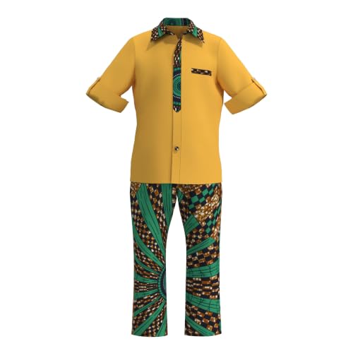 Image of XIAOHUAGUA African Clothes for Boy Kids African Outfit 2 Pcs Set Kente Print Shirt and Long Pants