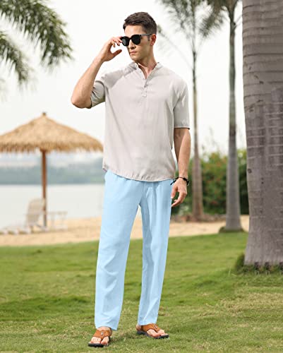 Endoradore Men's Linen Cotton Pants Slim Fit Joggers Pants Athletic Workout Elastic Trousers Pants Beach Vacation Lightblue #TOP3
