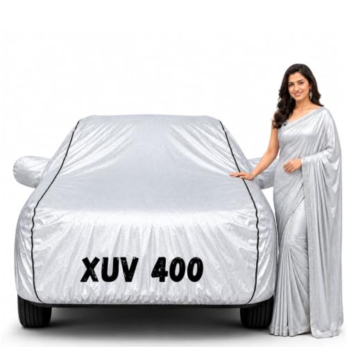 Image of Waterproof Car Body Cover for XUV 400 All Weather Protection Comes with Inner Cotton Lining & Triple Stitched with Mirror & Antenna Pocket Belt & Elastic Fit Metallic Silver with Black Piping2