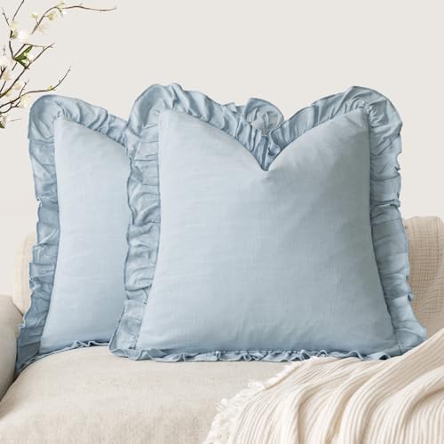 Image of Foindtower Set of 2 Decorative Linen Fringe Ruffle Throw Pillow Covers Soft Boho Farmhouse Cushion Cover Cozy Accent Retro Pillowcase for Couch Sofa Bed Living Room Home Decor,20x20 Inch,Sky Blue
