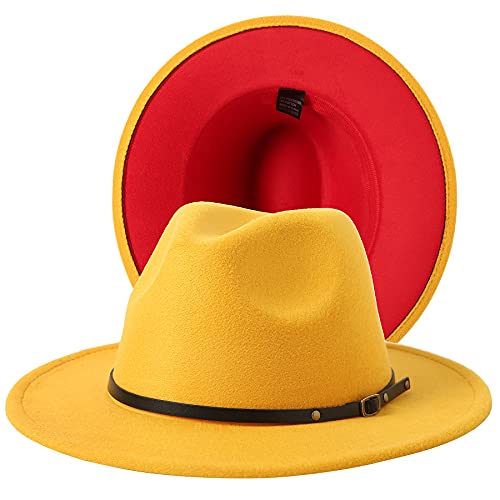JOYEBUY Damenhut mit breiter Krempe, Patchwork-Farben, klassischer Fedora-Hut mit Gürtelschnalle, gelb/rot, Einheitsgröße Cover