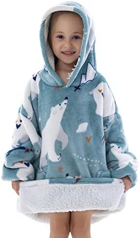 Kids Oversized Blanket Hoodie Wearable Boy Girl, Soft Snuggle Warm Flannel Sweatshirt Blanket with Big Front Pockets, Lounging Sweater Blanket Warm Indoors Outdoors 3-6Years Polar Bear