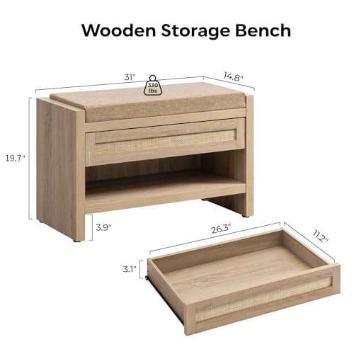 SICOTAS Rattan Shoe Bench Entryway Bench with Storage Drawer and Linen Seat Cushion, Farmhouse Boho Shoe Rack Bench with Shelf, Wooden Storage Bench for Entryway Hallway and Bedroom, Light Oak - Thumbnail 2