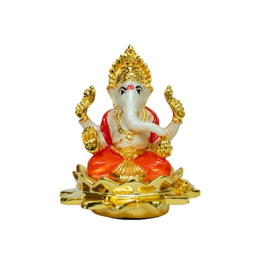Image of Pearl White Kamal Ganesha |Gold-Plated Ganpati Idol with Lotus Base for Home, Office, Pooja Room,Travel,Car Dashboard, Decor & Gifting | Bappa Statue for Blessings | Height 2.3 Inch