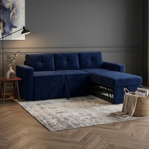 Image of FURNY Tira 4 Seater RHS Lounger Sofa Cum Bed (Dark Blue) with Pull-Out Function | Luxury Velvet Suede Finish | Durable Comfort | Ideal for Living Room